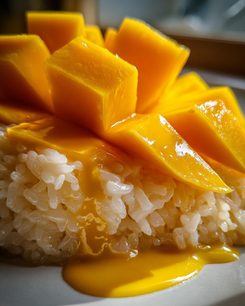 Close-up of sweet sticky rice topped with vibrant, cubed fresh mango and drizzled with rich coconut sauce for mango sticky rice.