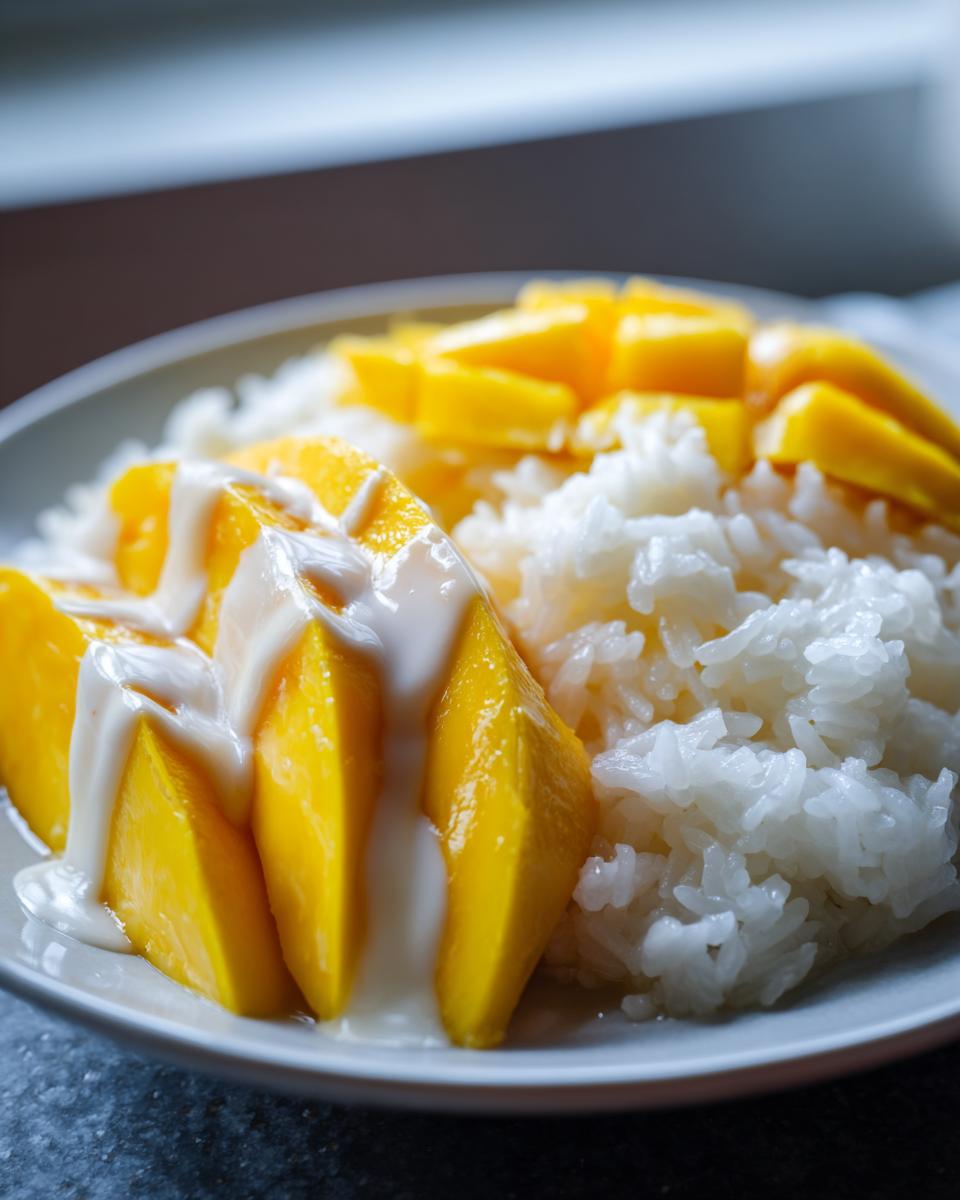 Close-up of bright yellow mango slices served over white sticky rice, drizzled with sweet coconut cream for mango sticky rice.