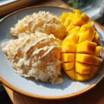 Close-up of delicious mango sticky rice served with sliced fresh mango and drizzled with sweet coconut cream.