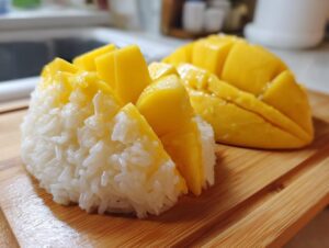 Close-up of sweet sticky rice topped with bright yellow, cubed mango slices, next to a scored mango half, featuring the mango sticky rice dessert.