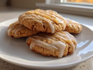 A stack of soft maple brown sugar cookies drizzled with a thick, light brown glaze on a white plate.