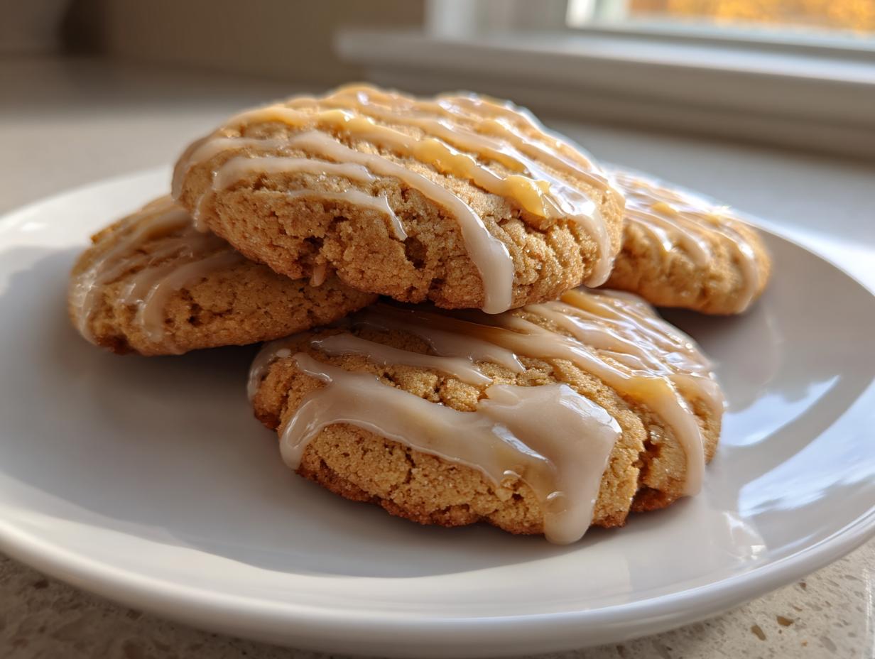 A stack of soft maple brown sugar cookies drizzled with a thick, light brown glaze on a white plate.