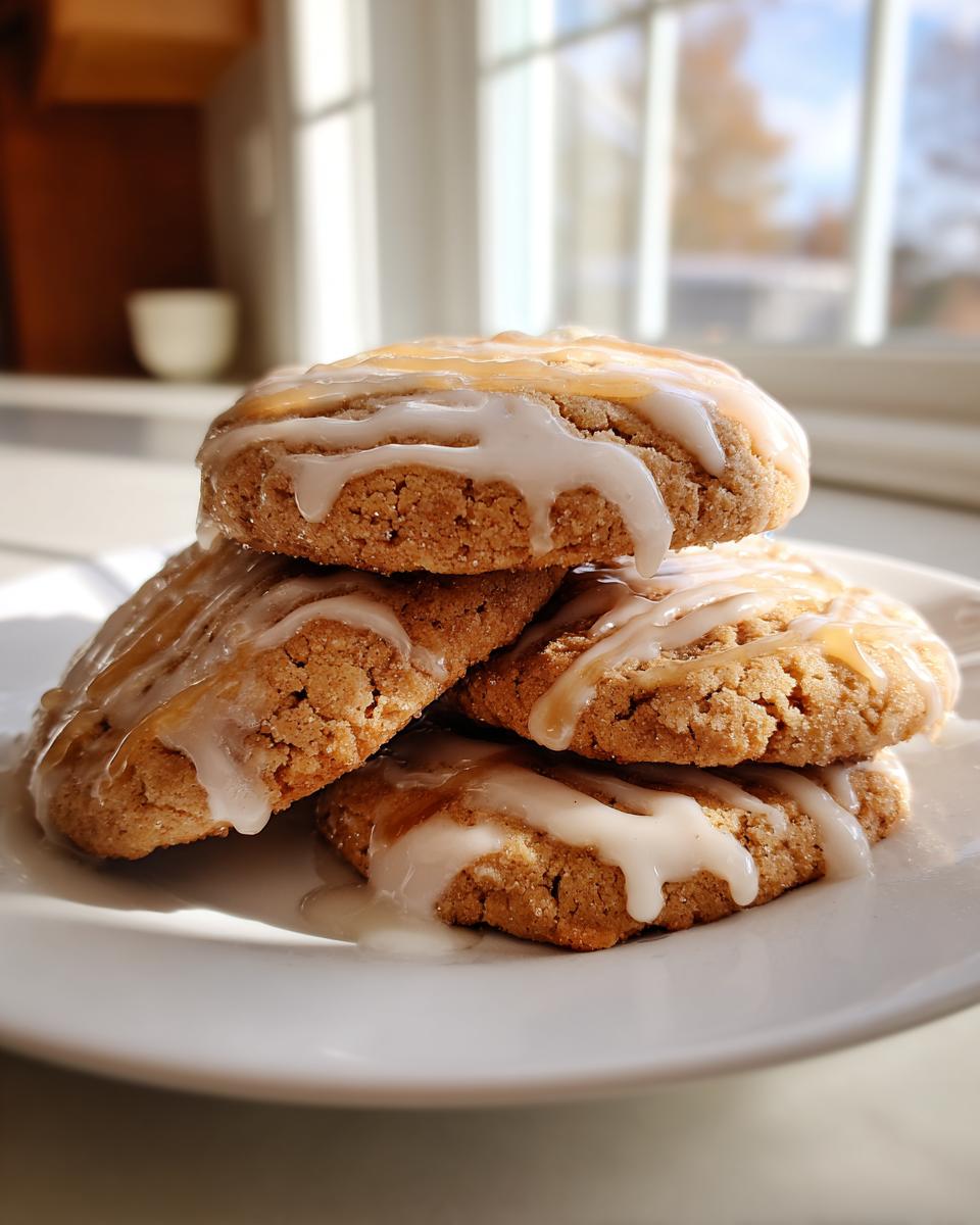 A stack of four delicious maple brown sugar cookies drizzled with white icing and maple glaze.