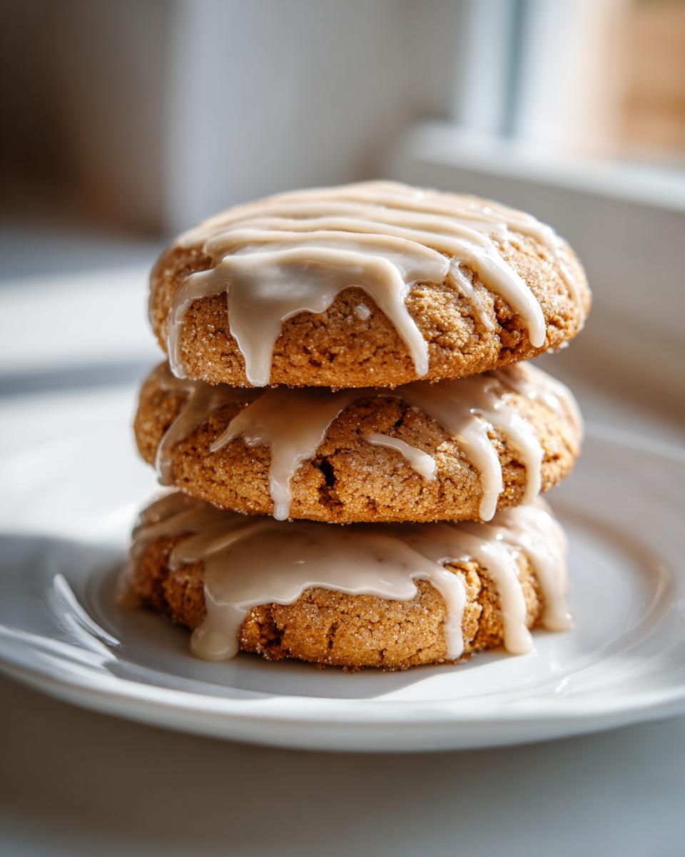 Three stacked maple brown sugar cookies topped with a thick, drizzled maple glaze on a white plate.