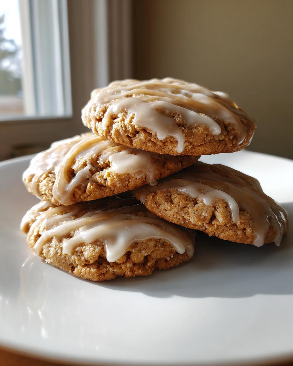 A stack of four soft maple brown sugar cookies drizzled with a thick, white glaze, sitting on a white plate near a window.