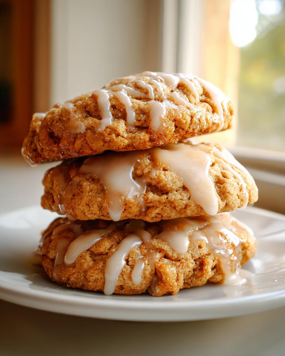 Three delicious maple brown sugar cookies stacked on a white plate, drizzled with a thick white glaze.