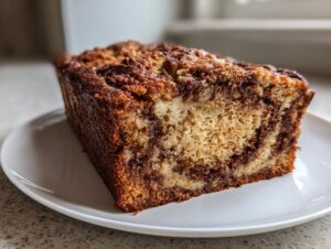 Close-up of a slice of marbled cream cheese banana bread with a dark, crumbly topping on a white plate.