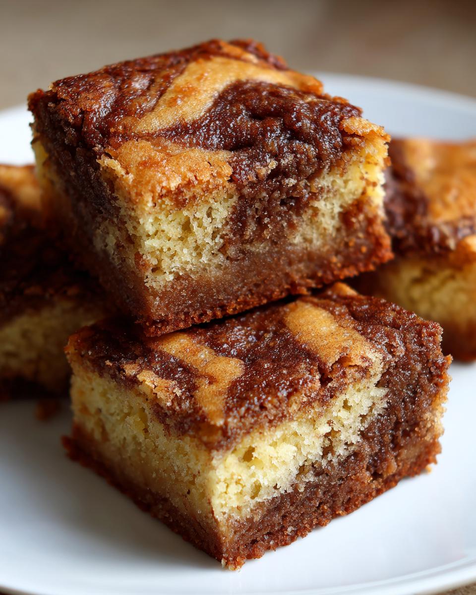 Close-up of stacked, marbled snickerdoodle blondies showing a rich swirl of light and dark batter.