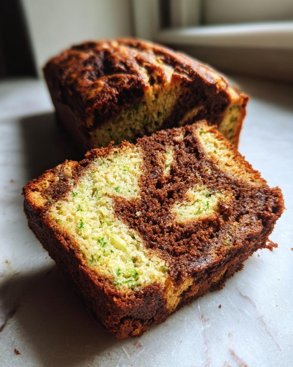 A close-up slice of marbled snickerdoodle zucchini bread showing green zucchini shreds in the light batter swirl.