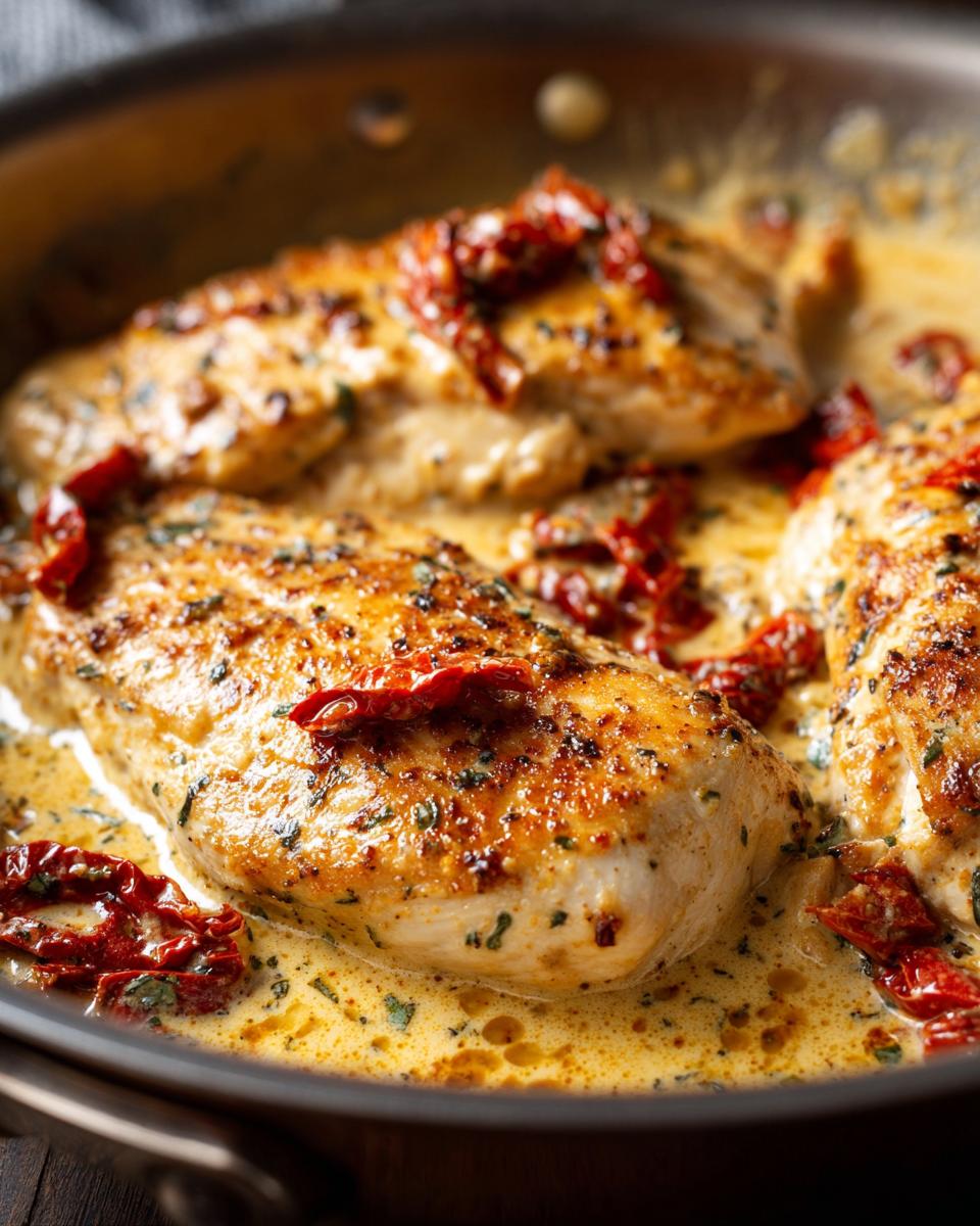 Three golden-brown chicken breasts simmering in a rich, creamy sauce with sun-dried tomatoes, part of the Marry Me Chicken recipe.