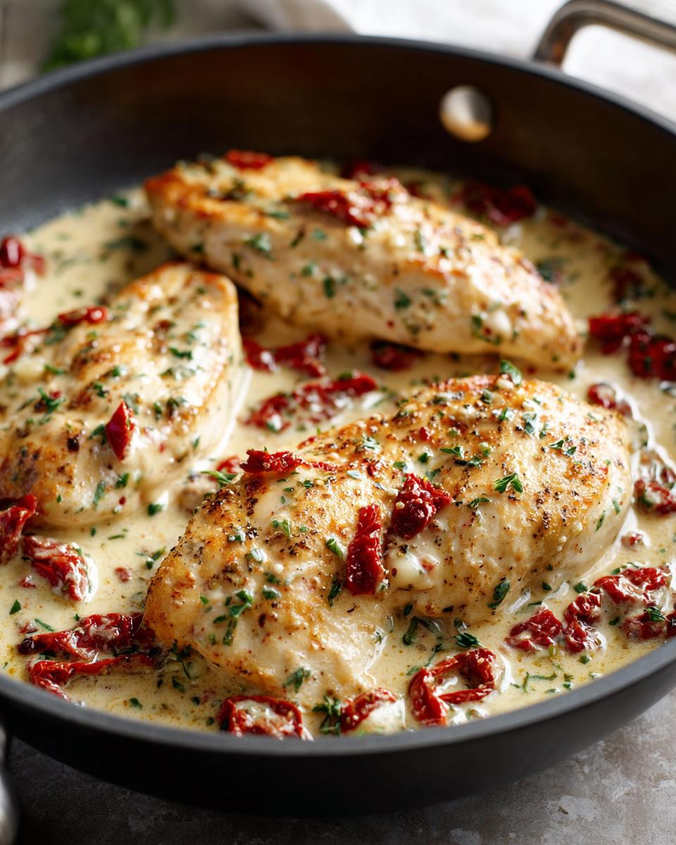 Three seared chicken breasts simmering in a rich, creamy sauce with sun-dried tomatoes, making the perfect Marry Me Chicken.