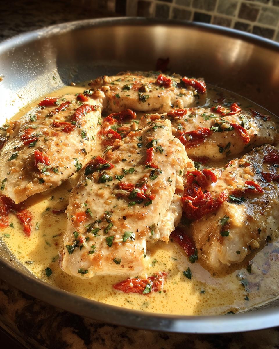 Close-up of several chicken breasts cooking in a stainless steel pan with a rich, creamy sauce, sun-dried tomatoes, and herbs, ready for Marry Me Chicken.
