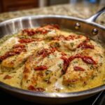 Four golden-brown chicken breasts simmering in a creamy sauce topped with sun-dried tomatoes, representing Marry Me Chicken.
