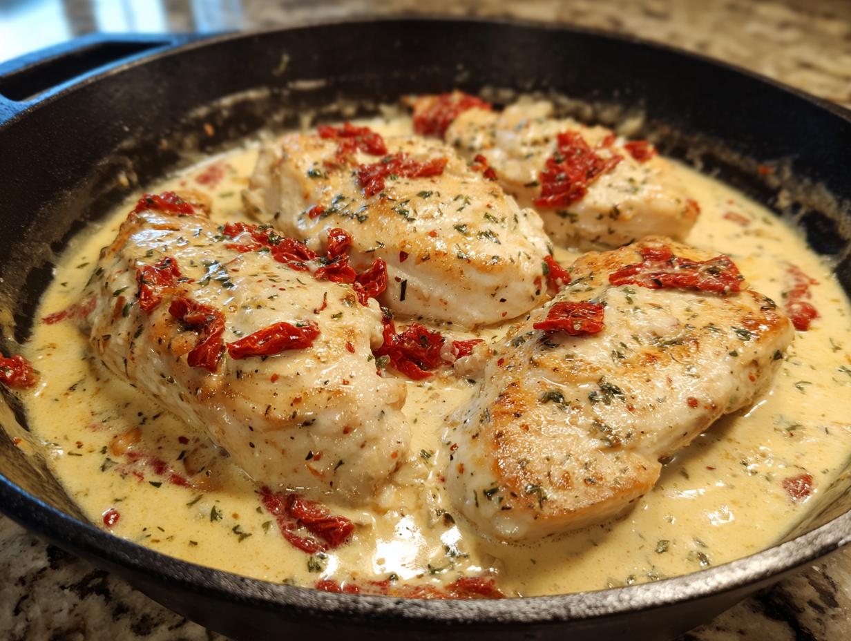 Four golden chicken breasts simmering in a rich, creamy sauce topped with sun-dried tomatoes, part of the Marry Me Chicken recipe.