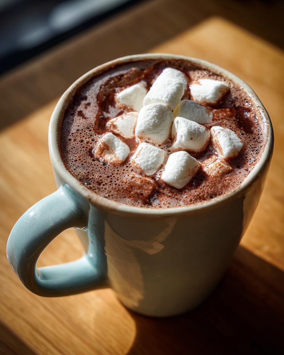 Close-up of a steaming mug of rich homemade hot cocoa topped with fluffy white marshmallows.