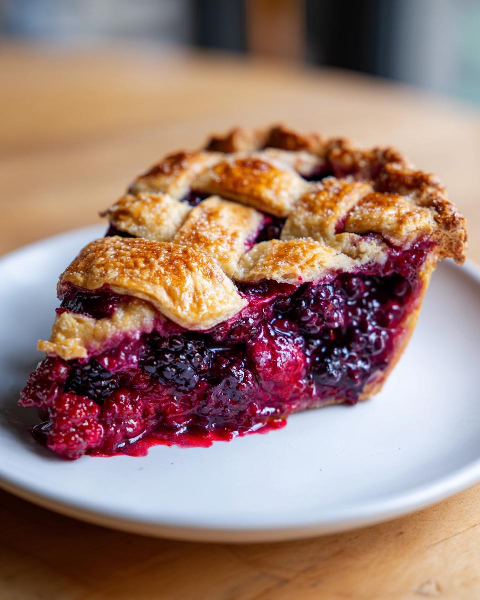 Close-up of a perfect slice of berry pie featuring a juicy, dark berry filling and a golden lattice crust.