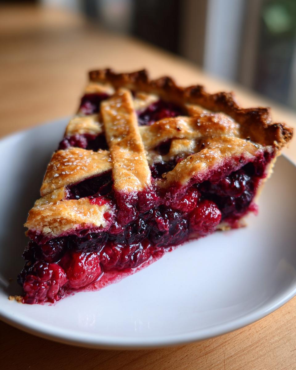 A close-up of a thick slice of berry pie with a golden lattice crust, showing juicy, dark red filling.