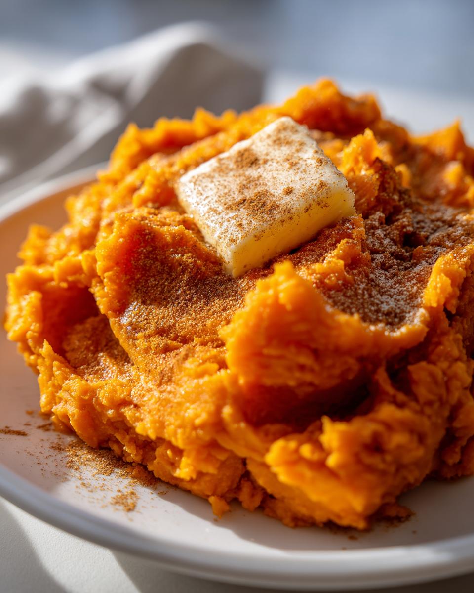 Close-up of creamy mashed sweet potatoes topped with a melting pat of butter and a dusting of cinnamon.