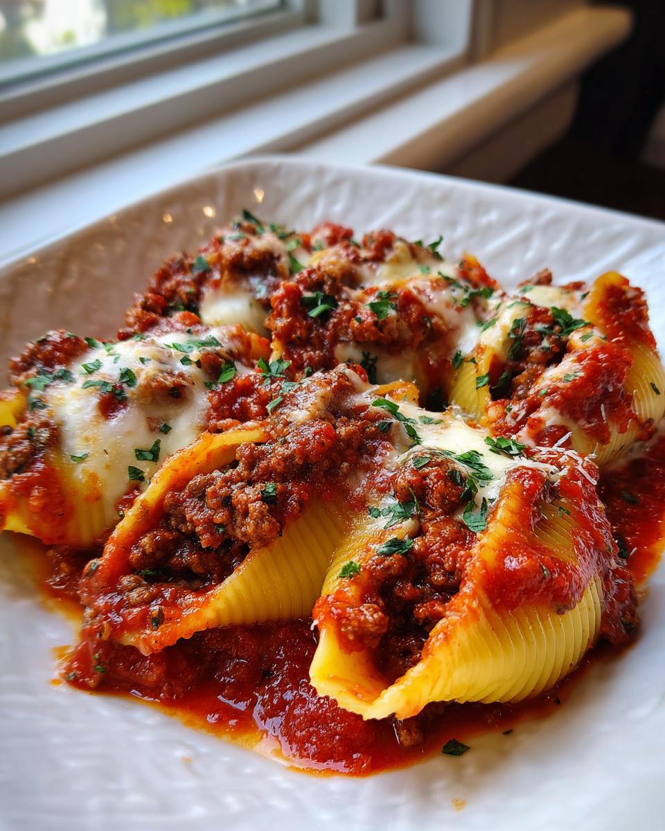 Four large, baked stuffed shells filled with meat sauce and topped with melted mozzarella cheese and parsley.