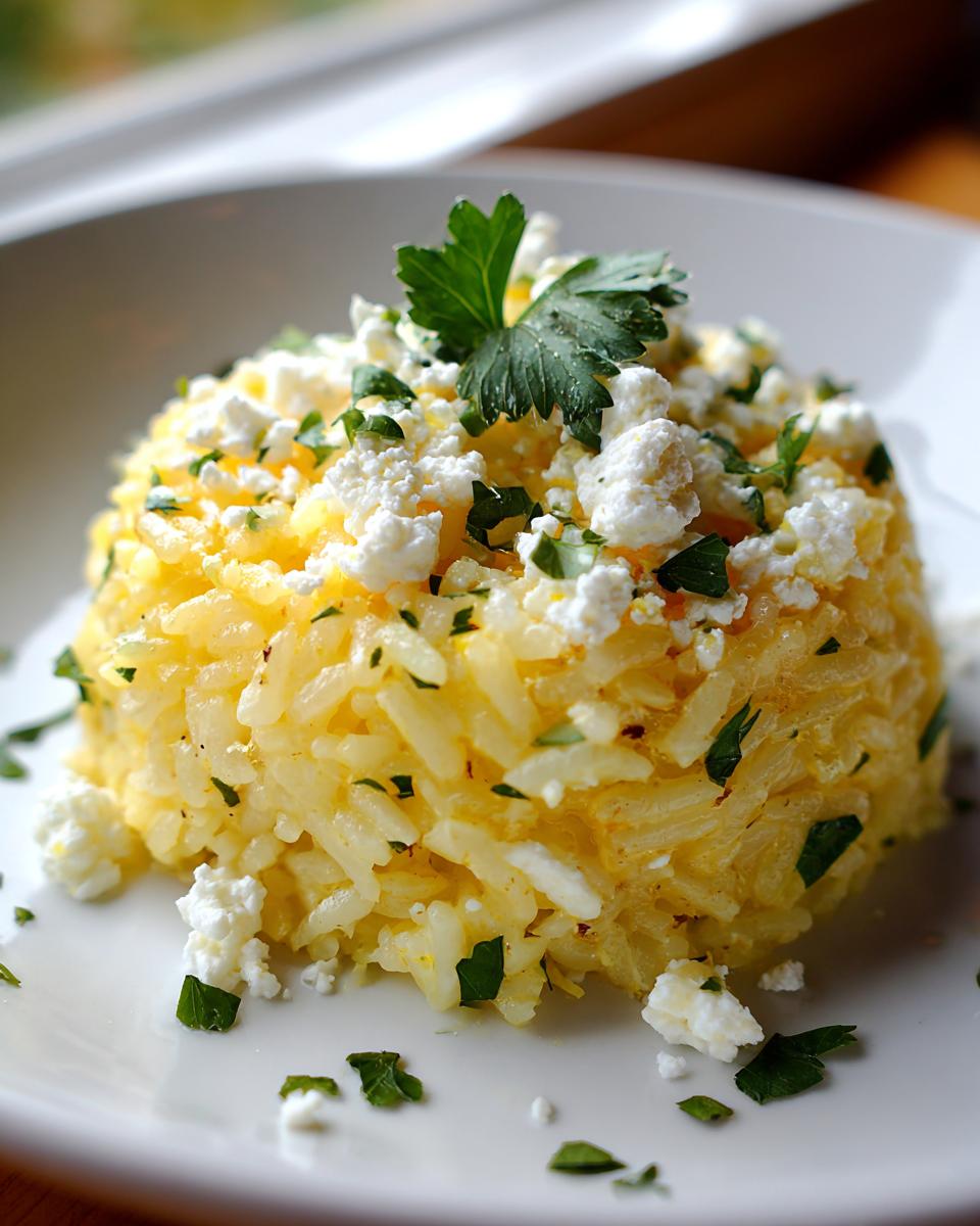 A mound of bright yellow mediterranean rice topped generously with crumbled feta cheese and fresh parsley.