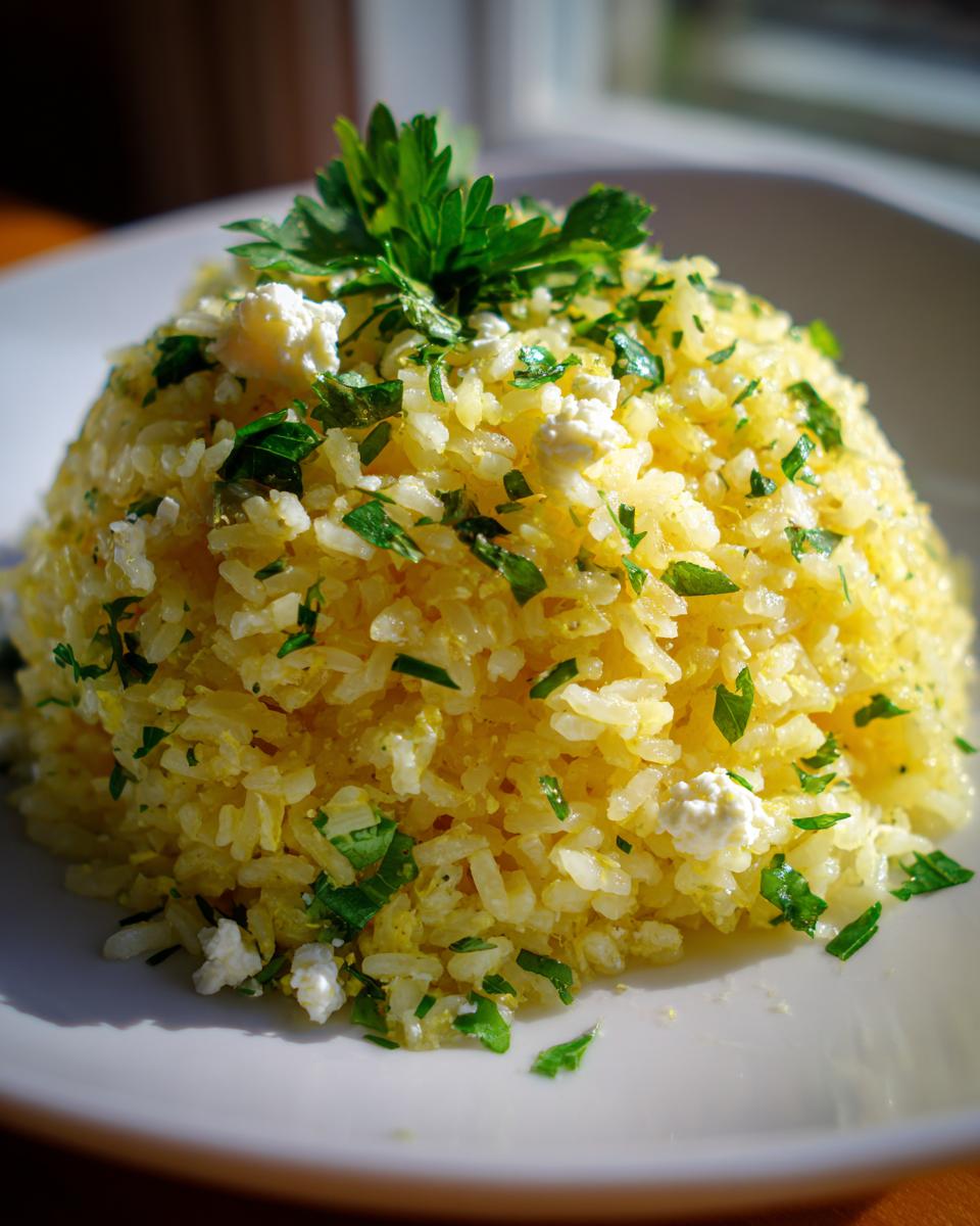 A mound of bright yellow Mediterranean rice topped with crumbled feta cheese and fresh parsley.