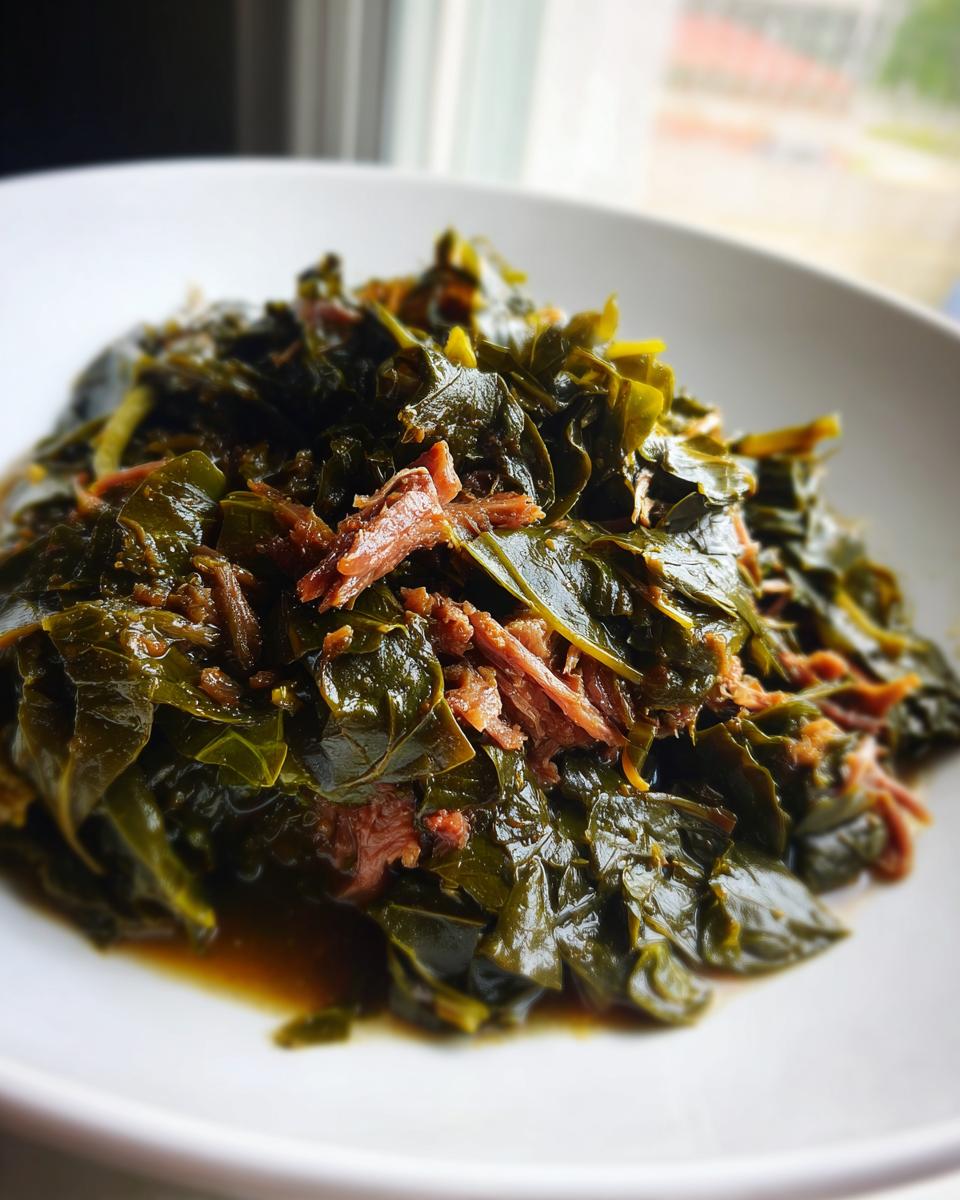 Close-up of tender, braised collard greens mixed with savory shredded meat served in a white bowl.
