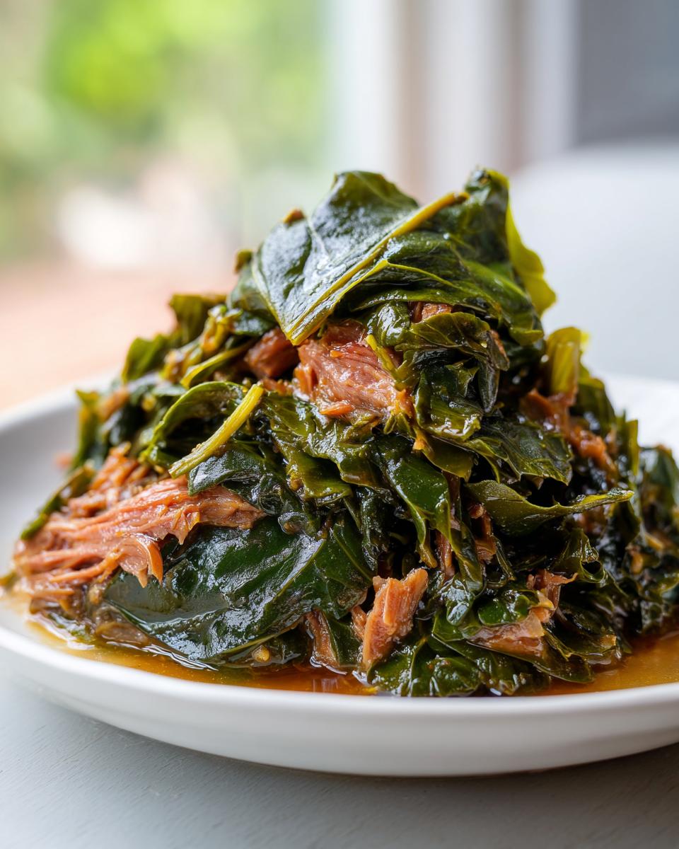 A close-up of tender, slow-cooked collard greens piled high on a white plate with shredded smoked meat.