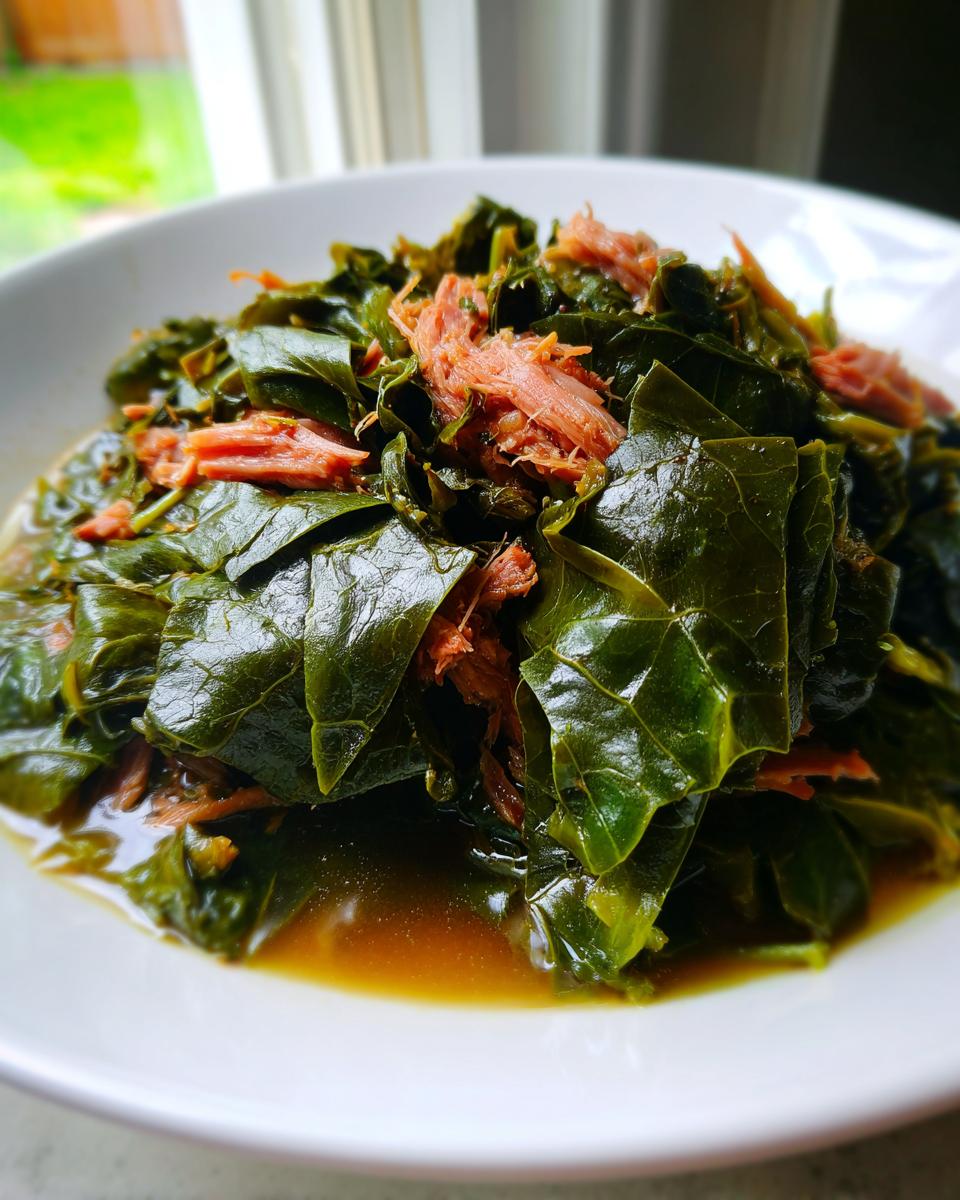 A close-up serving of tender, dark green collard greens mixed with shredded smoked meat in a savory broth.