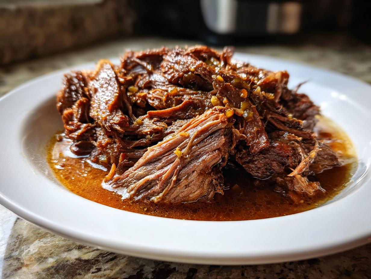 Close-up of shredded, tender Mississippi pot roast served in its rich, savory juices on a white plate.