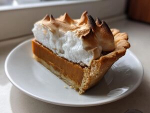 A close-up of a slice of rich, orange-filled butterscotch pie topped with dramatic, toasted meringue peaks.
