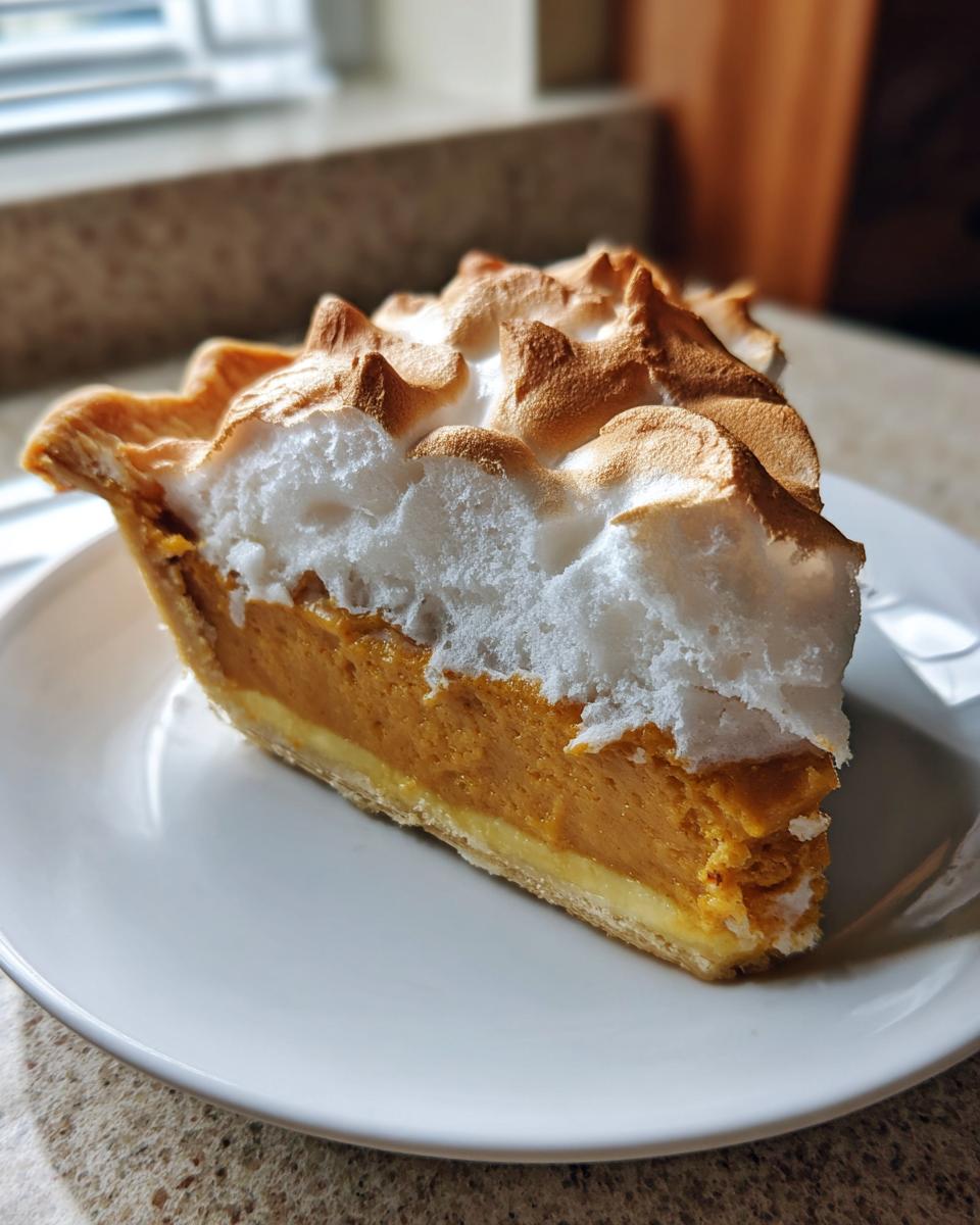 A tall slice of rich, orange butterscotch pie topped with fluffy, toasted meringue on a white plate.