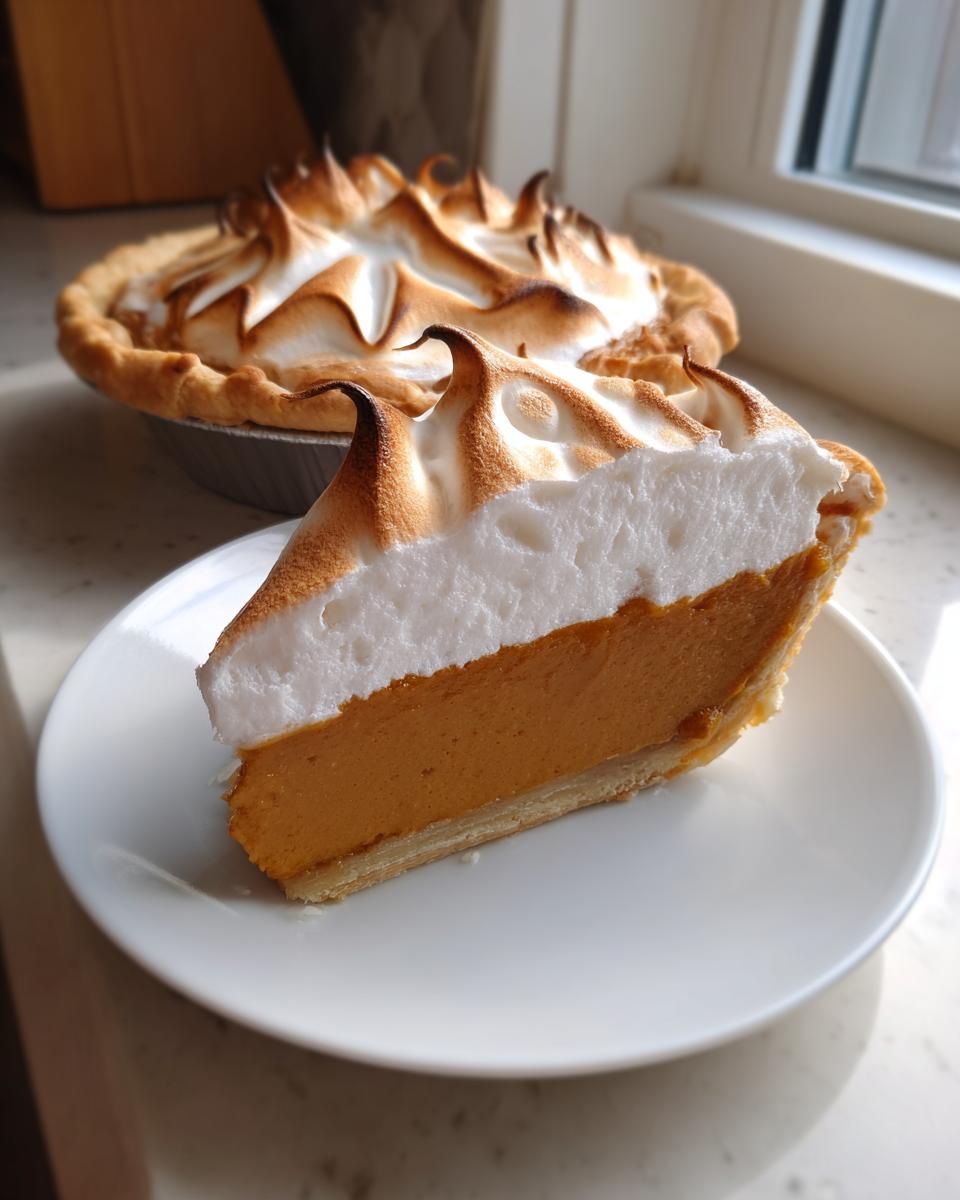 A thick slice of rich, orange butterscotch pie topped with perfectly torched meringue, sitting on a white plate.