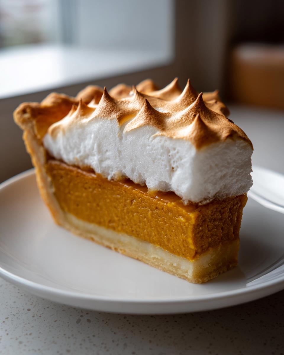 A tall slice of pie with an orange filling and toasted meringue topping, likely a butterscotch pie.