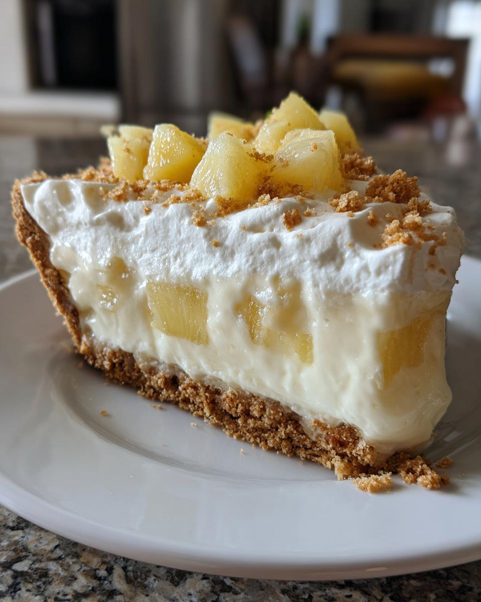 A generous slice of creamy Million Dollar Pie featuring a graham cracker crust, creamy filling with pineapple chunks, and whipped topping.