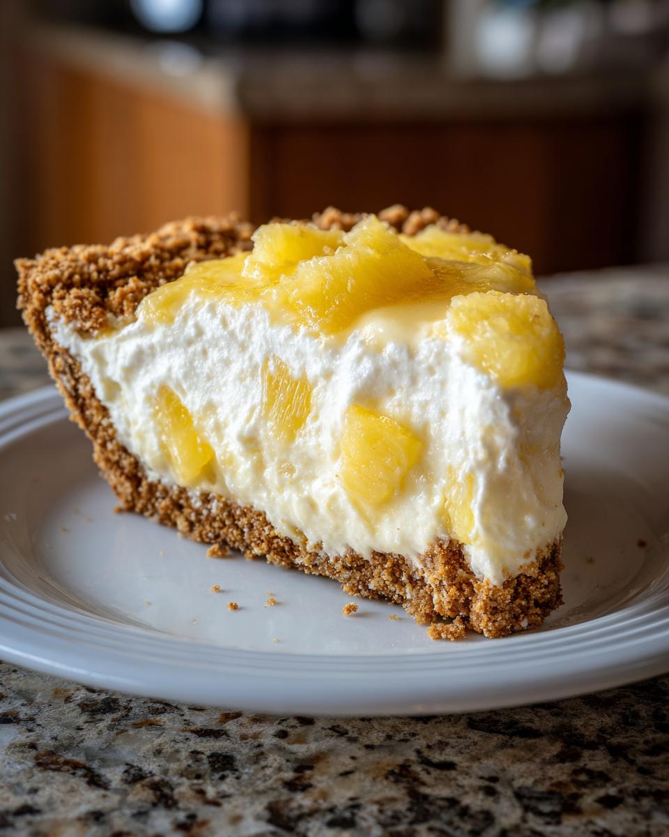 A close-up of a thick slice of million dollar pie featuring a graham cracker crust, creamy filling, and pineapple topping.