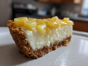 Close-up of a slice of creamy Million Dollar Pie showing the thick graham cracker crust and pineapple topping.