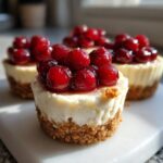 A close-up of a single, perfectly formed mini cheesecake topped with glossy, bright red cranberries.