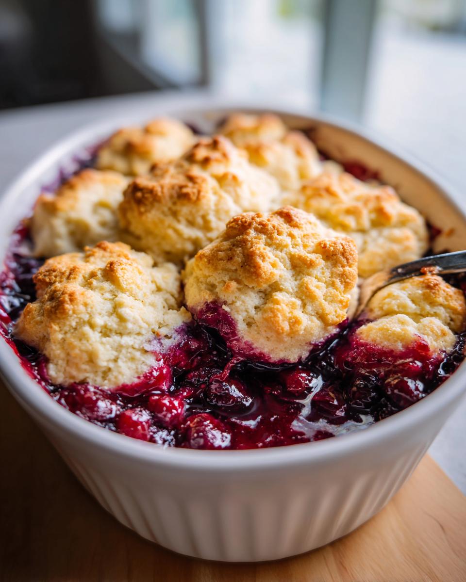 Close-up of a warm mixed berry cobbler with golden biscuit topping bubbling over a rich, dark berry filling.