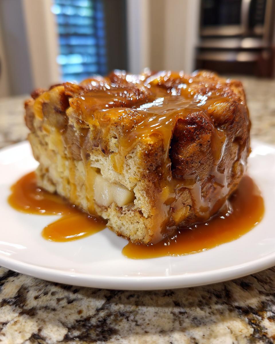 A square slice of moist apple bread pudding generously topped with rich caramel sauce, served on a white plate.
