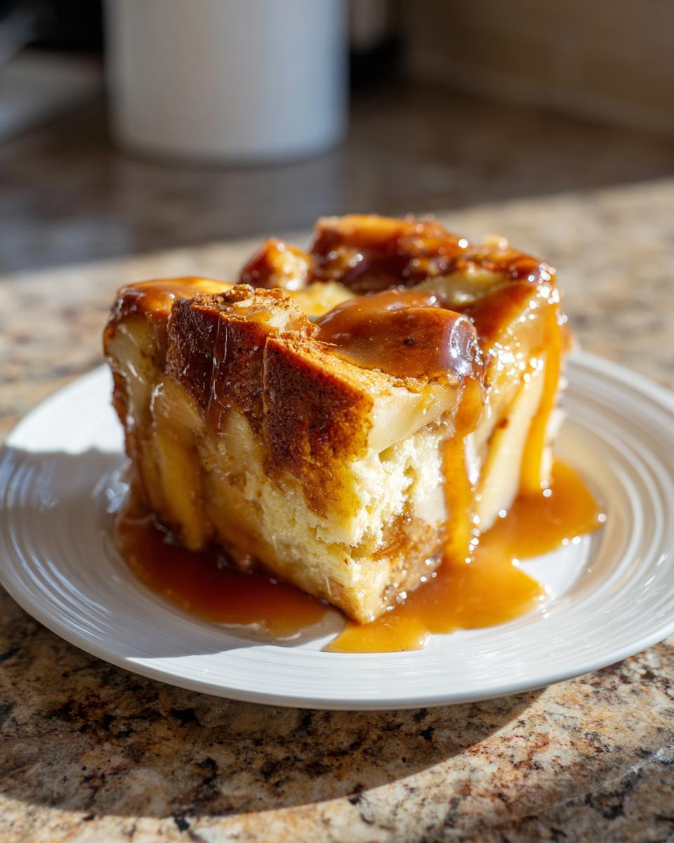 A close-up of a moist slice of apple bread pudding generously covered in rich caramel sauce, served on a white plate.