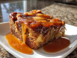 A close-up of a moist slice of apple bread pudding generously drizzled with rich caramel sauce.