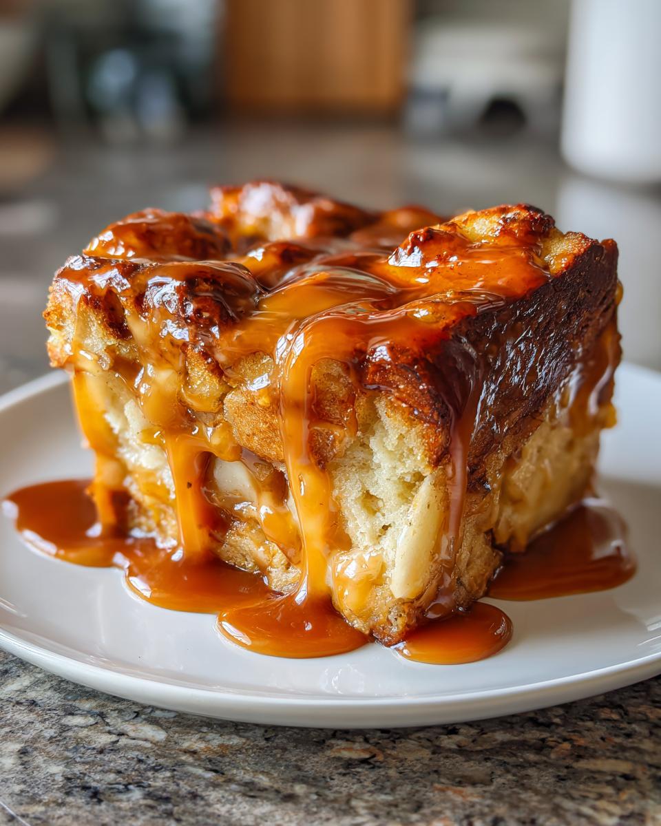 A close-up of a square slice of moist apple bread pudding generously covered in thick, dripping caramel sauce.