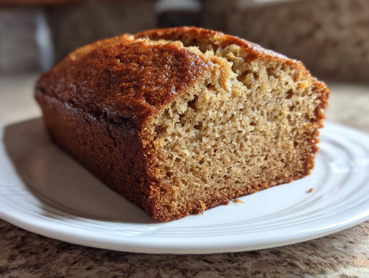 A close-up of a freshly baked loaf of moist banana bread recipe, sliced open on a white plate.