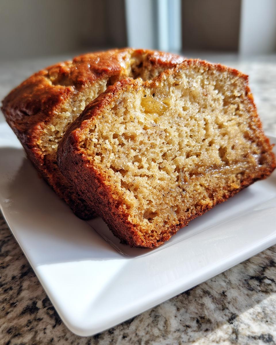 Close-up of two moist slices of homemade banana bread recipe on a white plate.