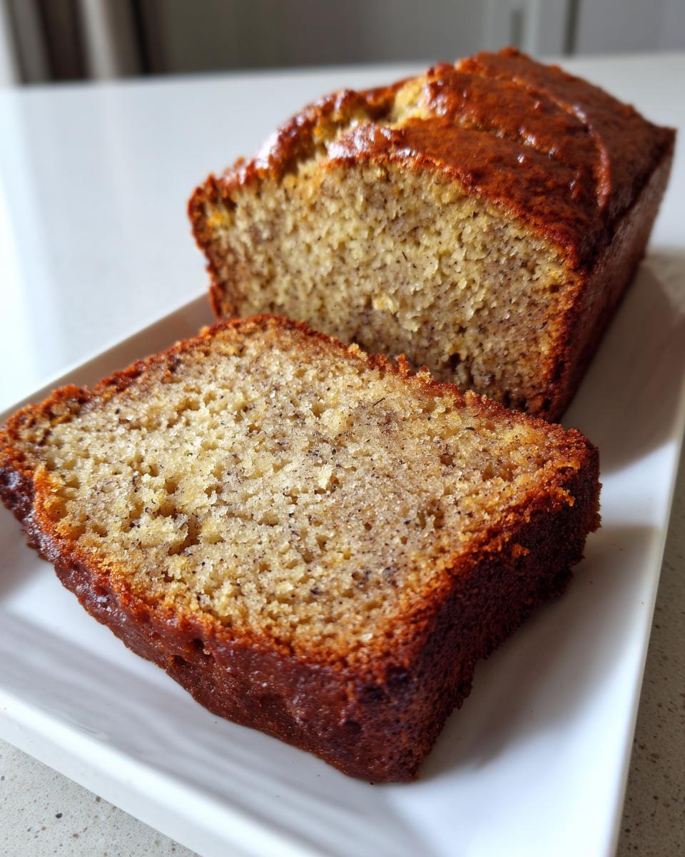 A close-up of a freshly baked banana bread recipe loaf, with one thick slice cut and resting next to the main loaf.