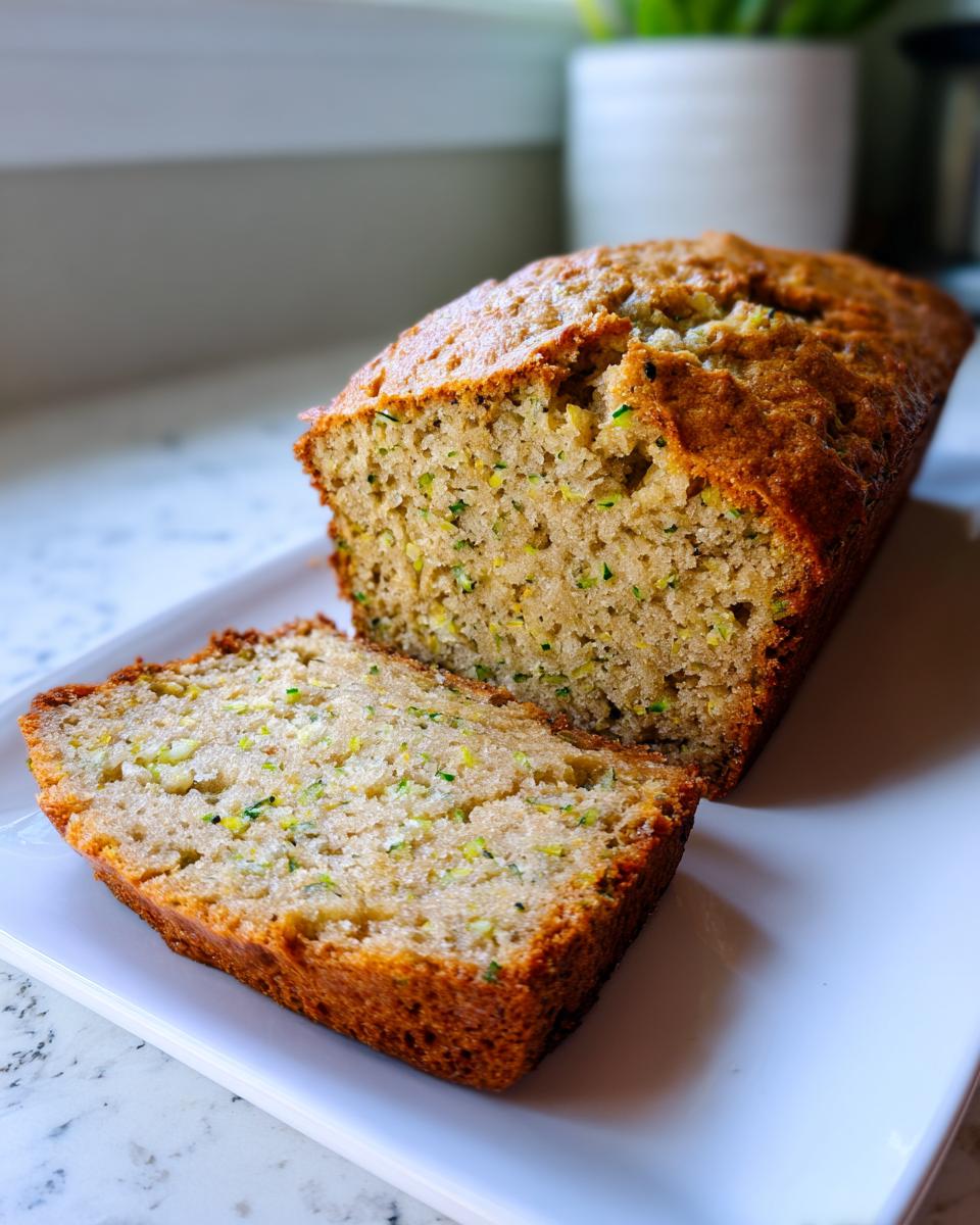 A freshly baked loaf of banana zucchini bread, partially sliced, showing the moist interior flecked with green zucchini.
