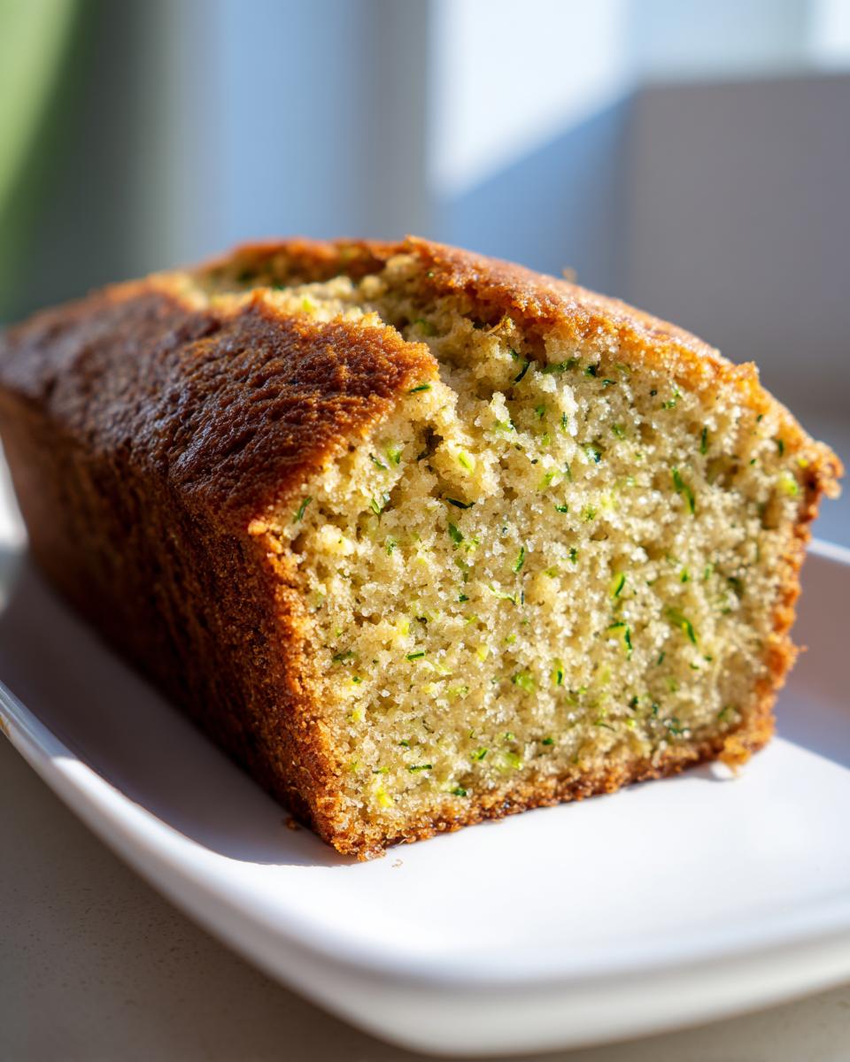 A close-up of a freshly baked banana zucchini bread loaf, showing the moist crumb speckled with green zucchini shreds.