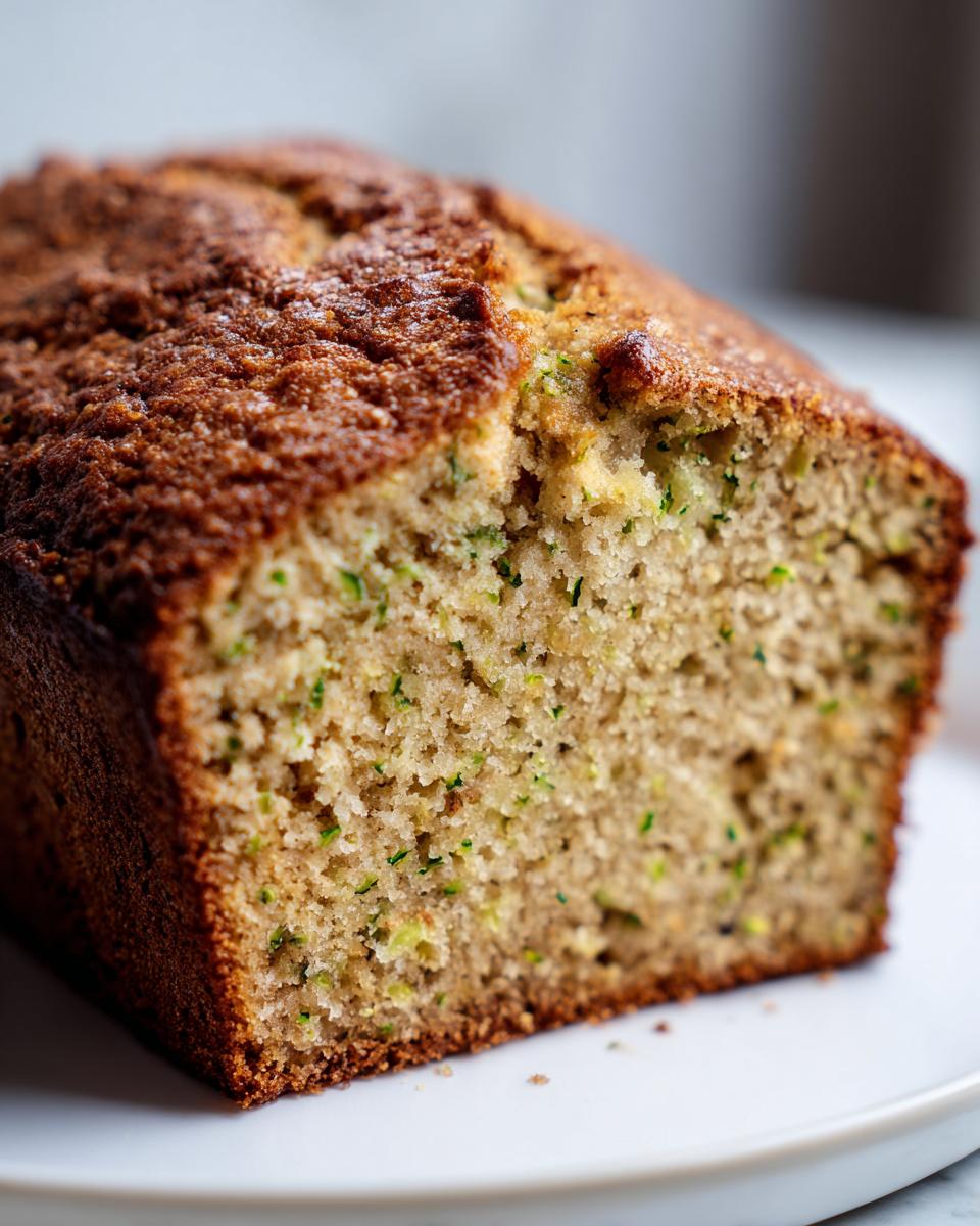A close-up, cross-section view of a freshly baked banana zucchini bread loaf showing a moist crumb with visible green shreds of zucchini.
