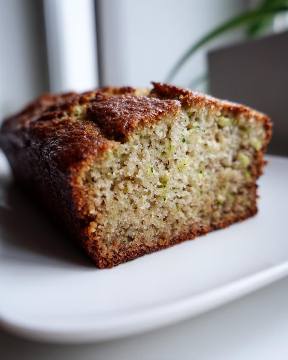 Close-up of a thick slice of moist banana zucchini bread showing the golden crust and green flecks of zucchini.