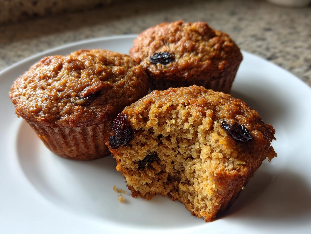 Close-up of three moist bran muffins on a white plate, one is broken open showing the texture and raisins.